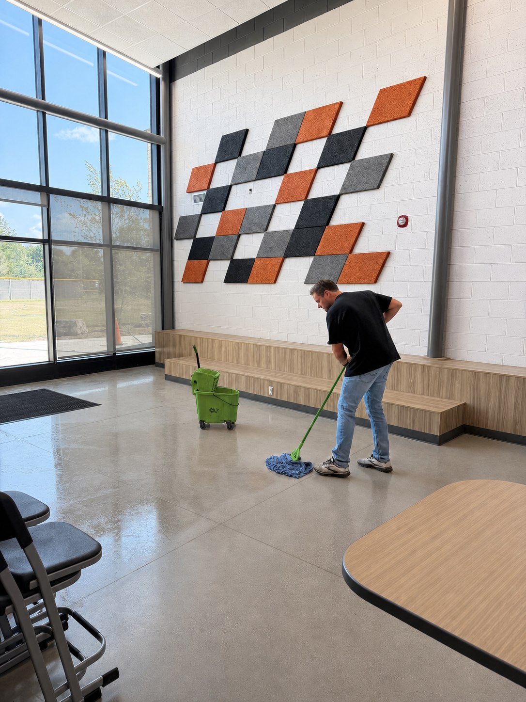 Professional Building Services team member mopping a commercial lobby